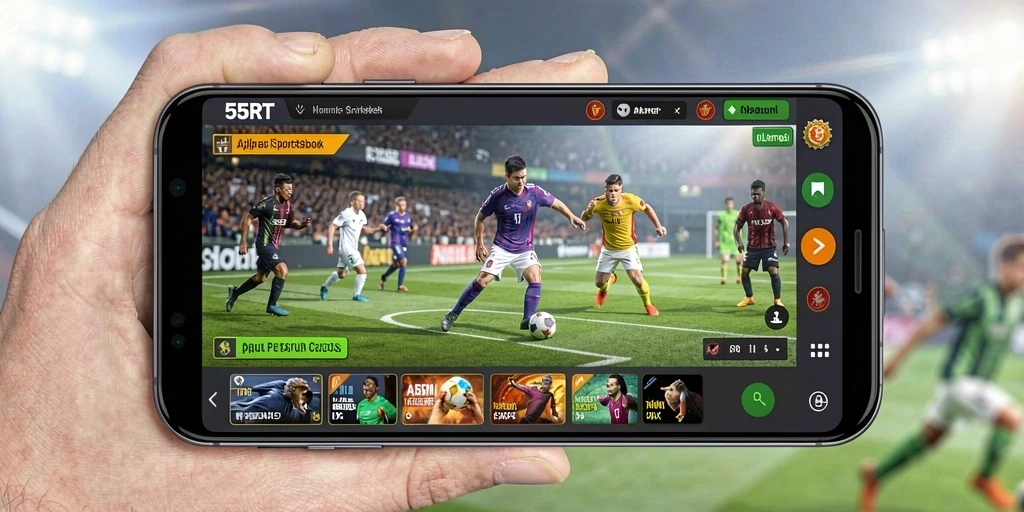 Screenshot 55RT menampilkan fitur utama aplikasi Sportsbook.