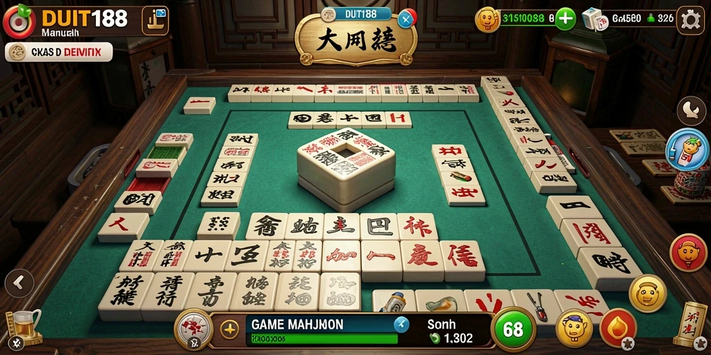 Tampilan gameplay <strong>DUIT188</strong> yang menarik dengan ubin Mahjong berwarna-warni.