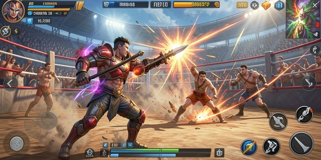 Screenshot menunjukkan karakter bertarung dalam arena dengan efek visual yang menakjubkan.