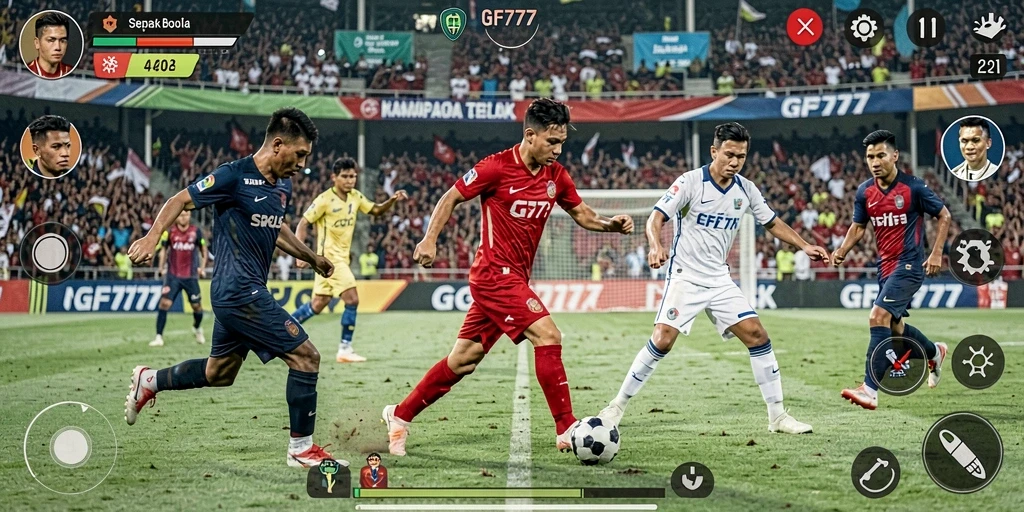 Tampilan gameplay <strong>GF777</strong> menampilkan aksi mendebarkan di lapangan sepak bola.