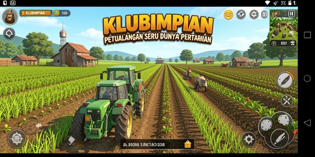 Cuplikan gameplay KLUBIMPIAN dengan aktivitas pertanian yang seru.