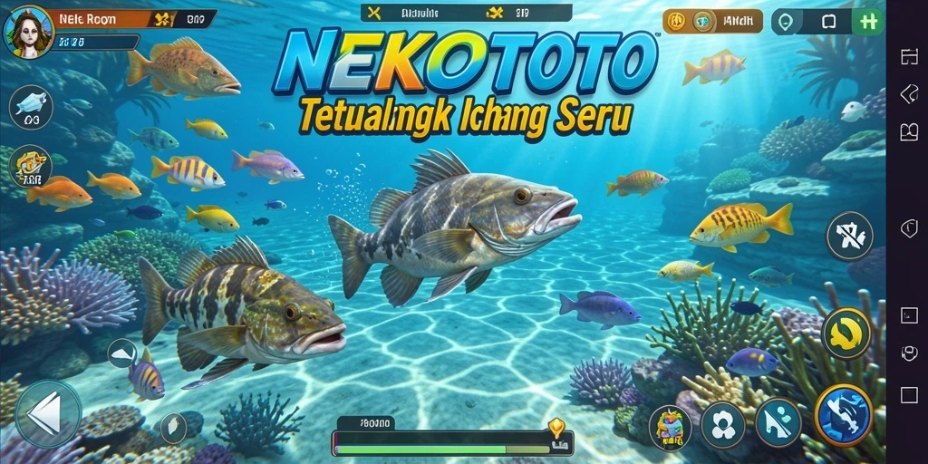Screenshot gameplay seru NEKOTOTO menembak ikan.