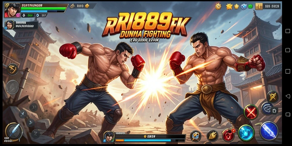 Tampak pertarungan menyerupai arena dengan karakter beraksi.