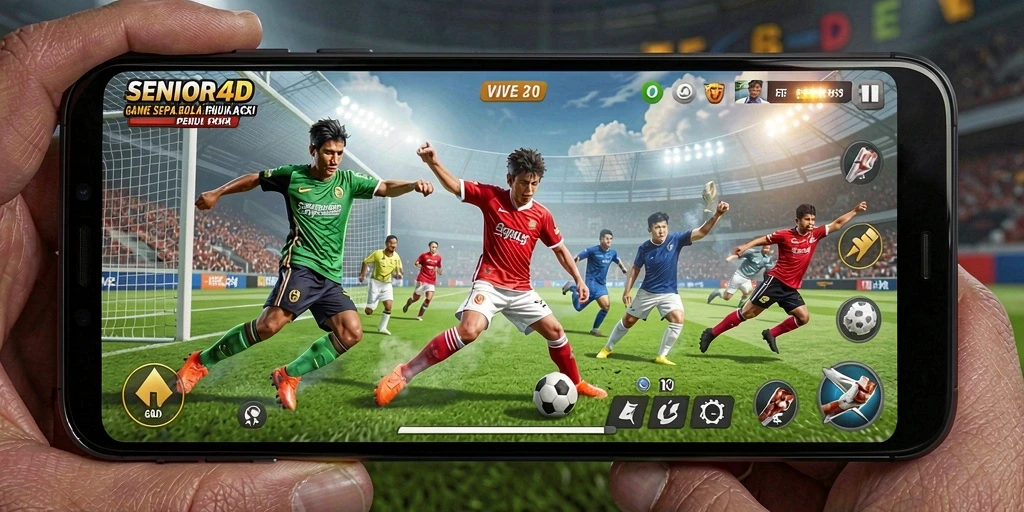 Screenshot aksi seru dalam permainan <strong>SENIOR4D</strong> di lapangan sepak bola.