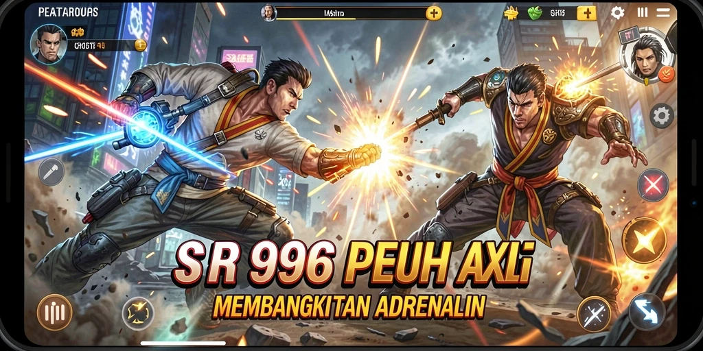 Screenshot SR996 menampilkan karakter yang bertarung di arena penuh aksi.